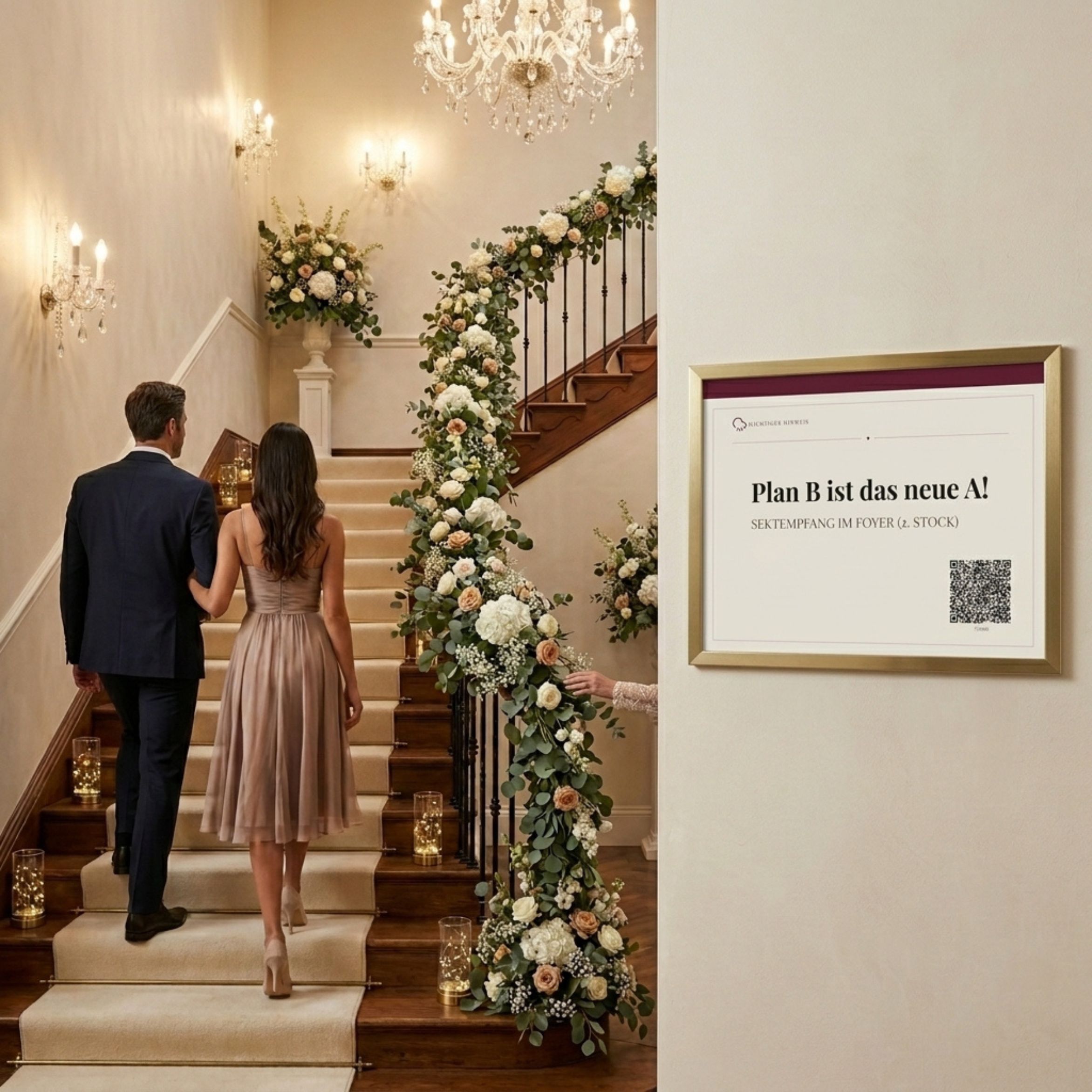 Hinweisschild „Plan B ist das neue A! Sektempfang im Foyer (2. Stock)