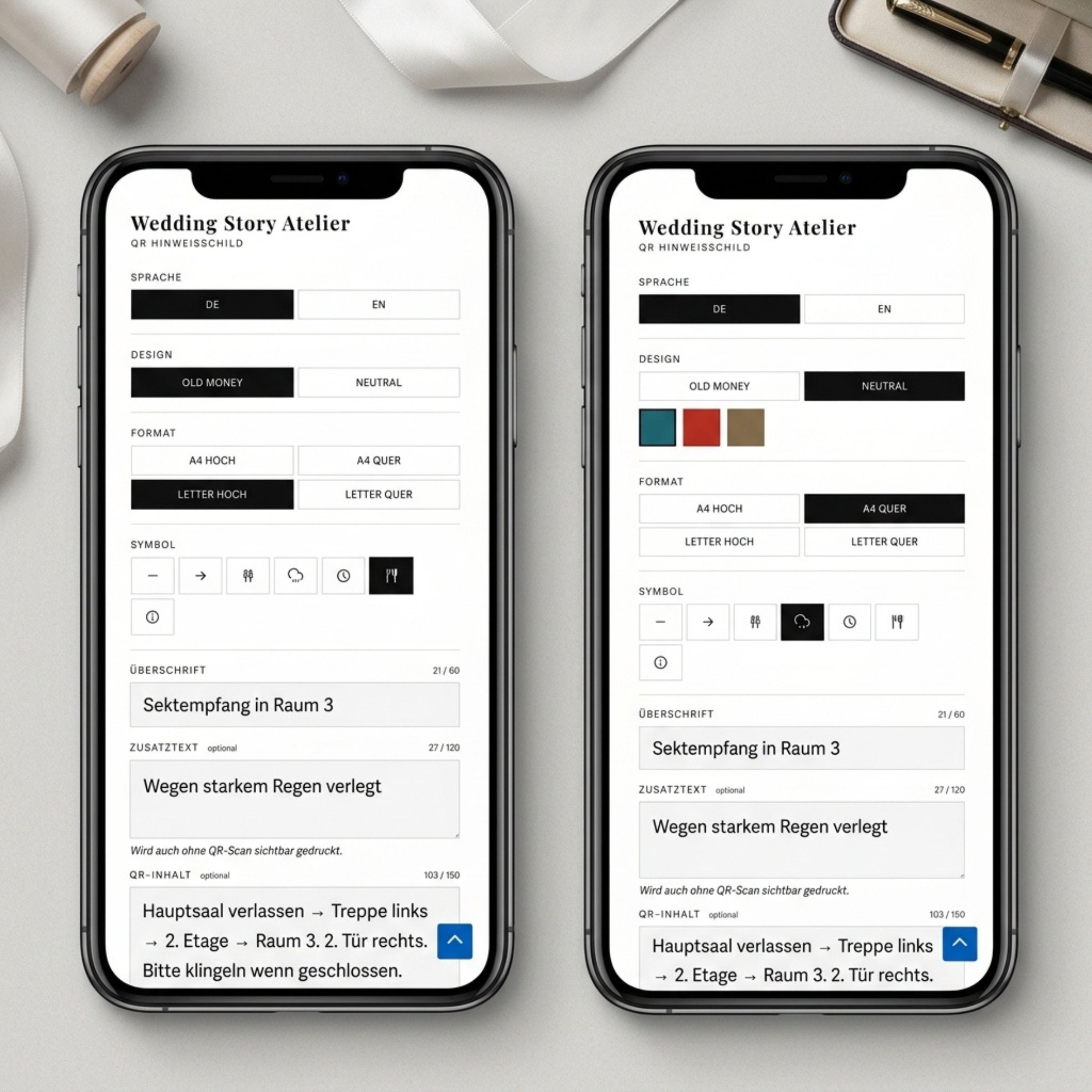 Wedding Story Atelier Plan-B-Hinweisschild Werk auf zwei Smartphones — Sprach- und Farbauswahl, Headline „Sektempfang in Raum 3