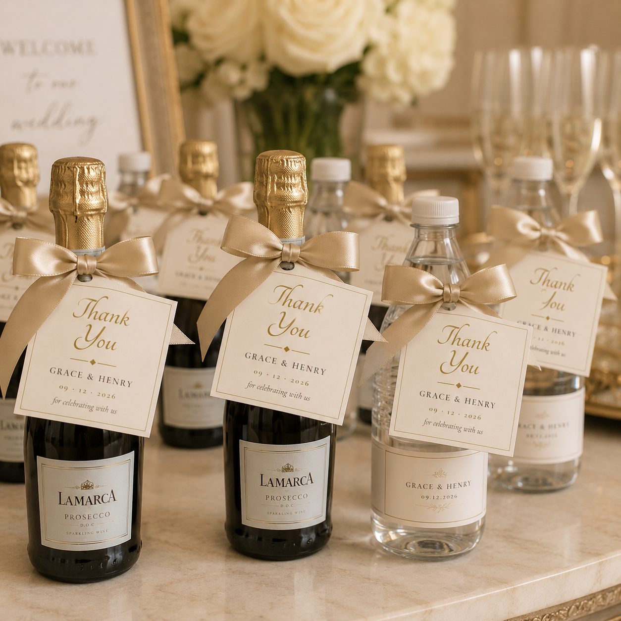 Kleine Flaschen mit Wasser und Sekt, jede mit persönlichem Anhänger als Willkommensgruß am Empfangstisch