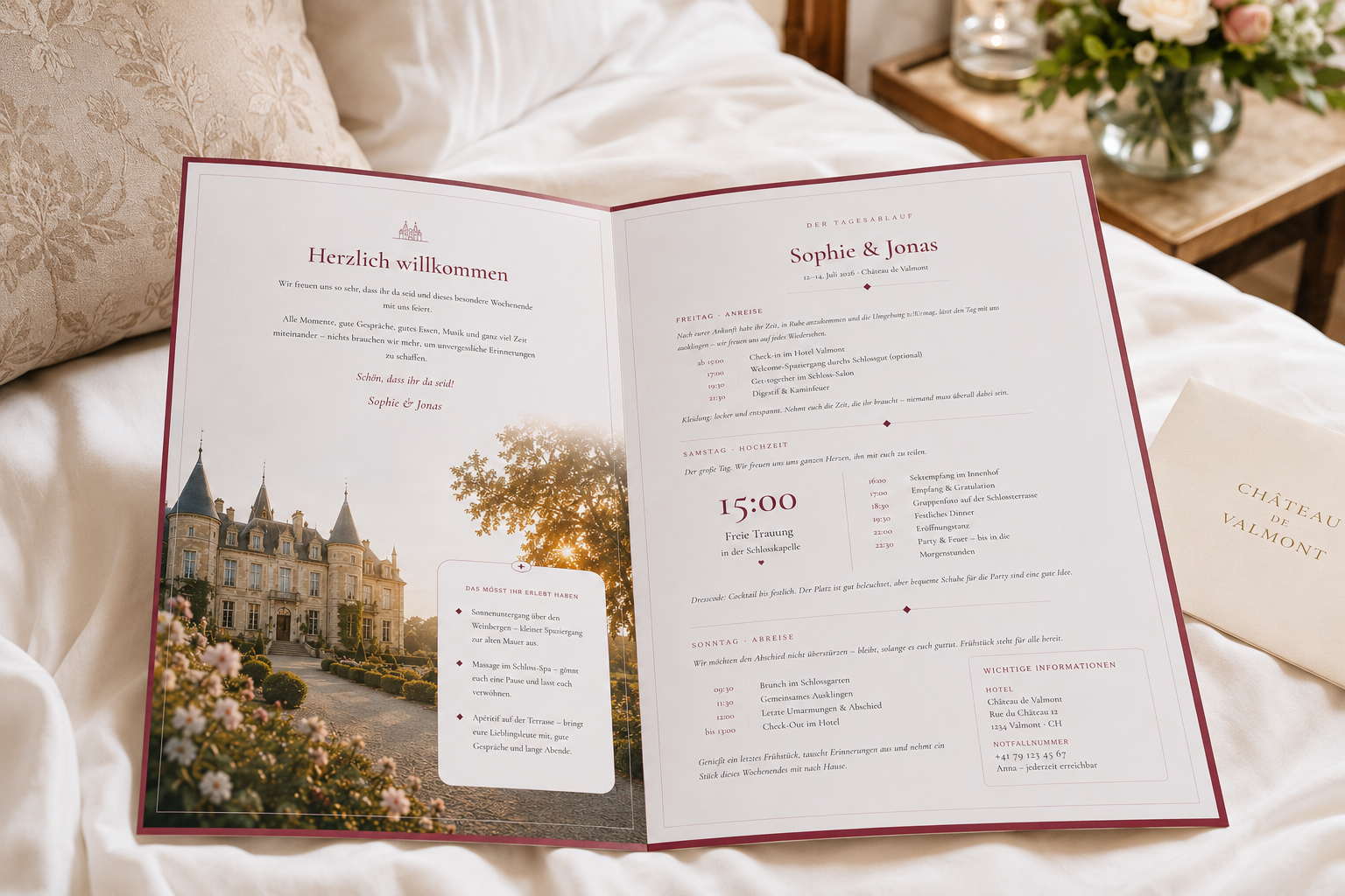 Aufgeklappte Welcome-Mappe in Burgund mit Schloss-Foto auf weißer Bettwäsche