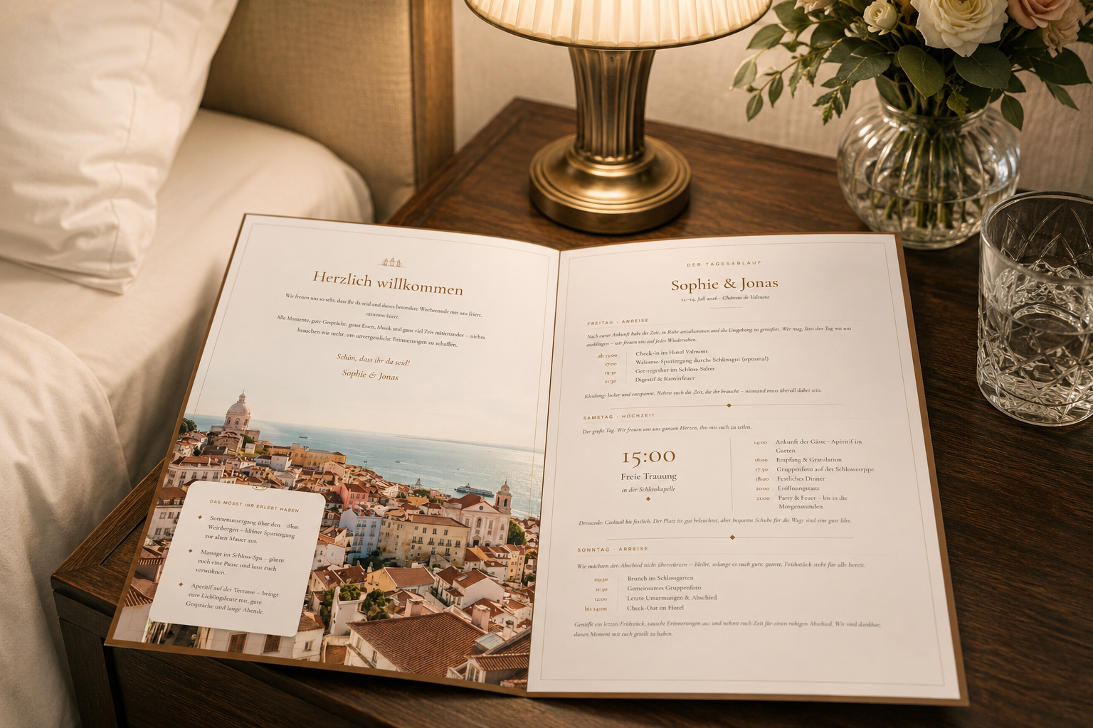 Welcome-Mappe in Cognac auf einem Hotel-Nachttisch mit Stadtblick