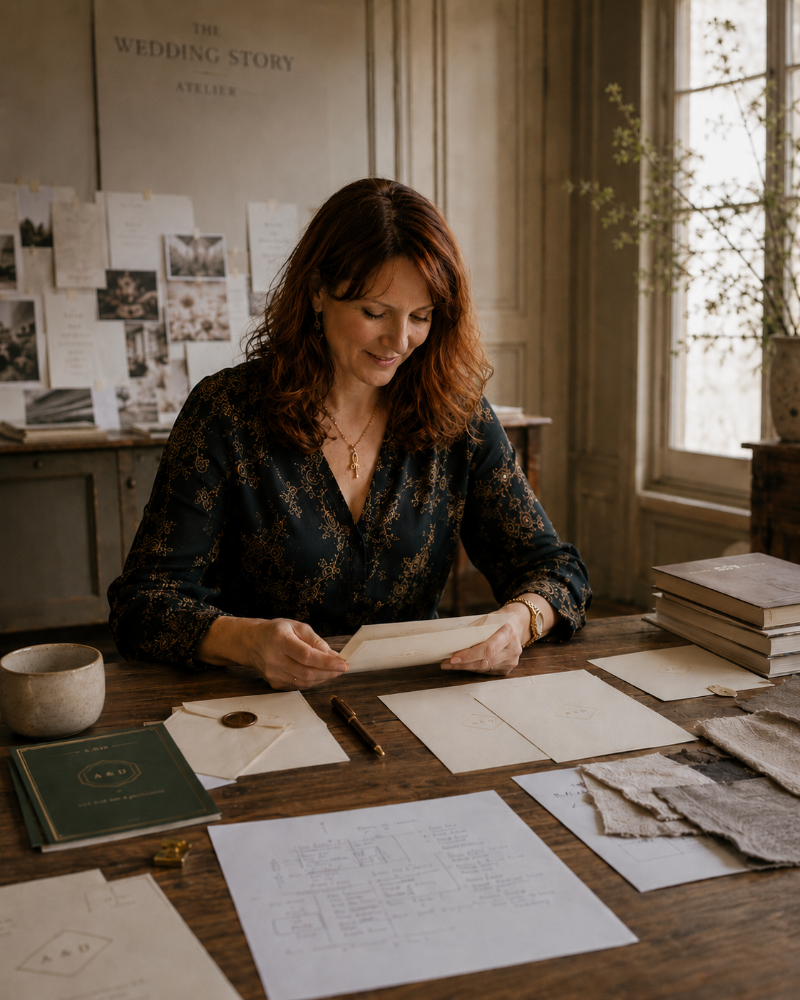 Monika Moser im Wedding Story Atelier — am Schreibtisch mit Hochzeitspapeterie, Mood-Board im Hintergrund
