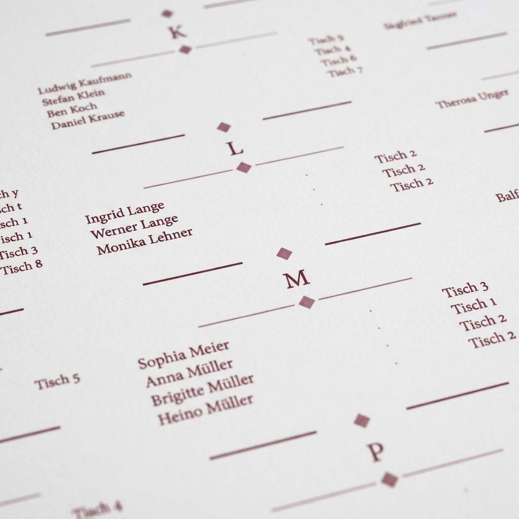 Nahaufnahme eines alphabetischen Hochzeits-Sitzplans im Editorial-Stil