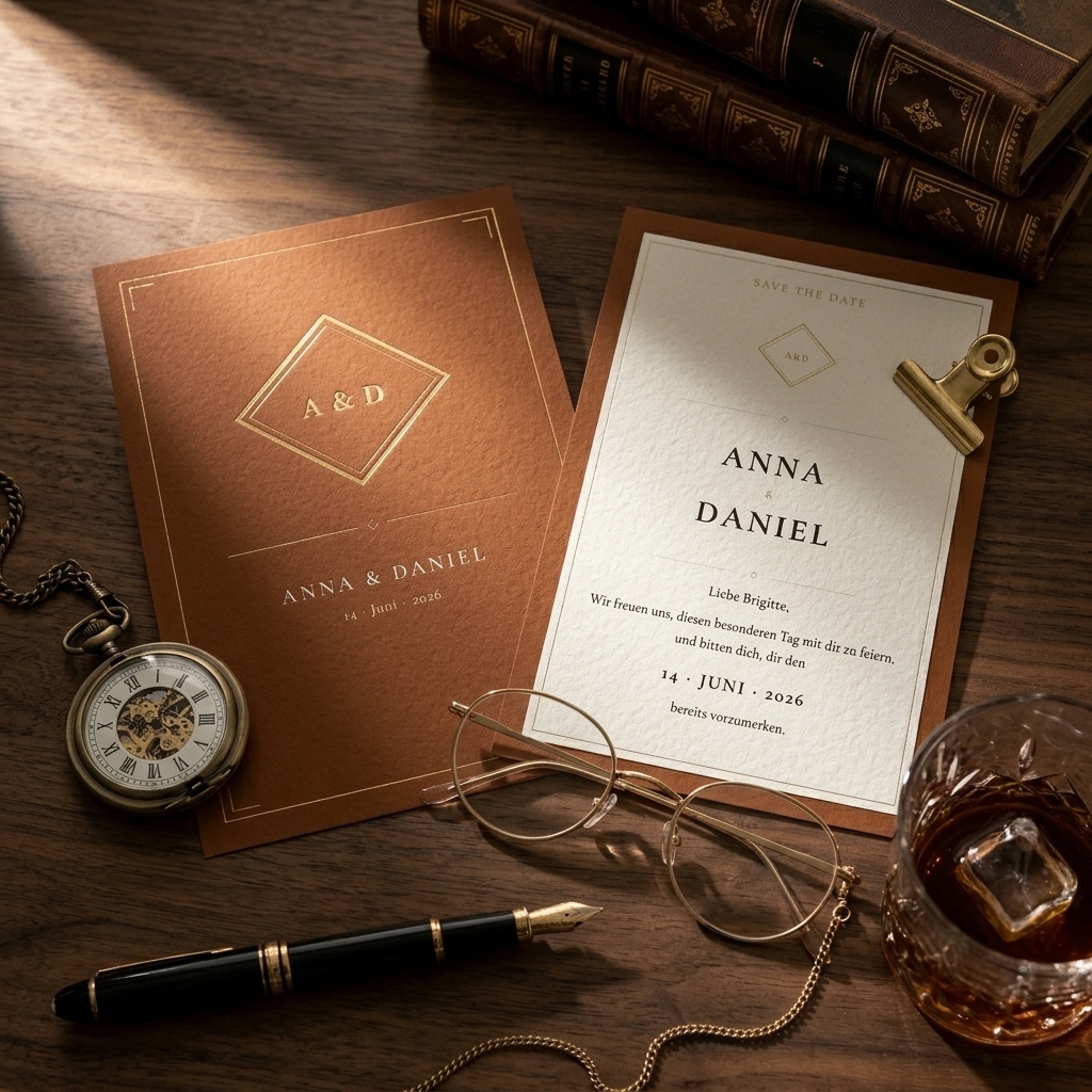 Save-the-Date-Karte Cognac — Vorderseite und Rückseite auf dunklem Holz mit Taschenuhr