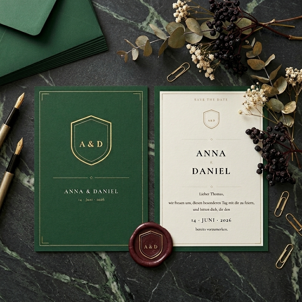 Save-the-Date-Karte Forest Green — Vorderseite und Rückseite auf Marmor mit Eukalyptus